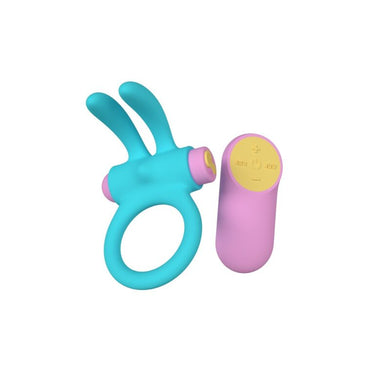 Luxuriously designed Party Color RINY Remote Control Rabbit Cock Ring featuring vivid turquoise and pink tones, alongside a remote control for seamless operation.